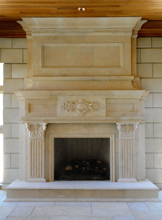 large limestone fireplace mantel 