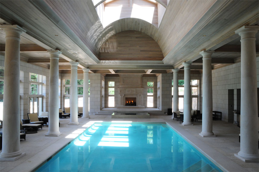 overall view of swimming pool and fireplace